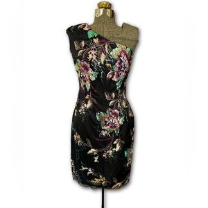 David Meister Floral Embroidered Sheath Dress Black One Shoulder Cocktail Glam
